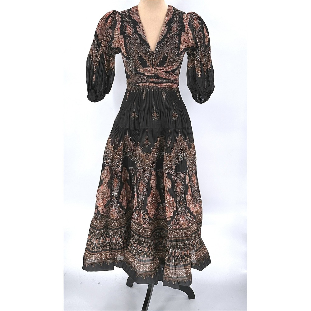Zimmermann Black Pink Paisley Pleated V-Neck Balloon Sleeve Midi Dress Size 2